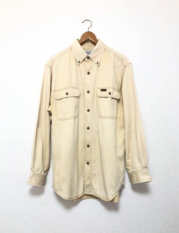 90s Carhartt 長袖 シャツ ワークシャツ USA規格 レザーロゴ ベージュ カーハート