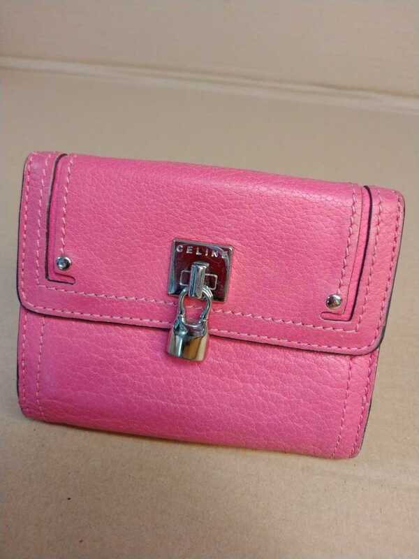 中古 CELINE セリーヌ 折り財布 レザー ピンク 財布 Celine pink leather wallet 送料無料