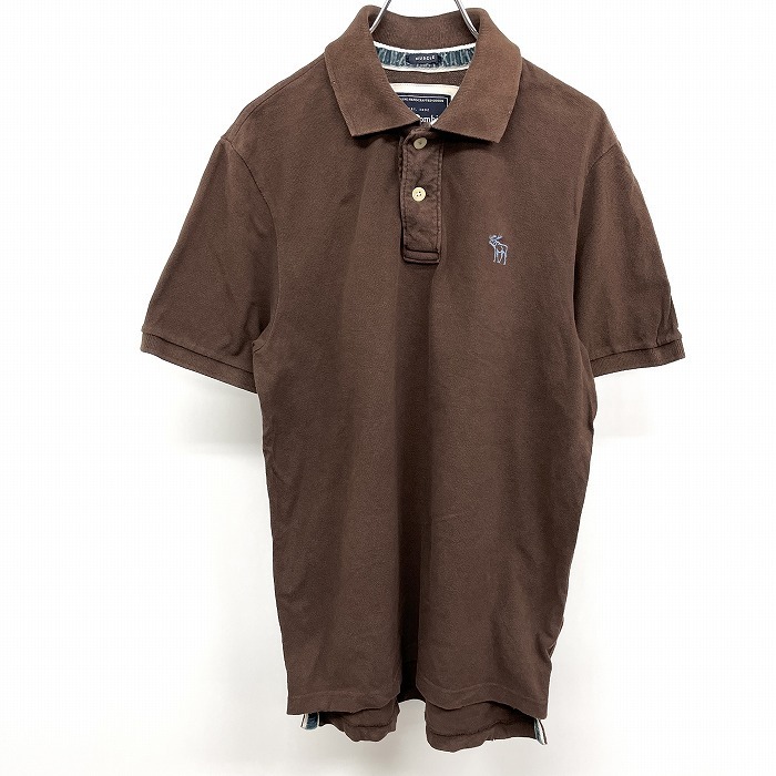 Abercrombie＆Fitch アバクロンビーアンドフィッチ M メンズ ポロシャツ 鹿の子 USED加工 ロゴ刺繍 半袖 綿100% ブラウン×ブルー 茶色