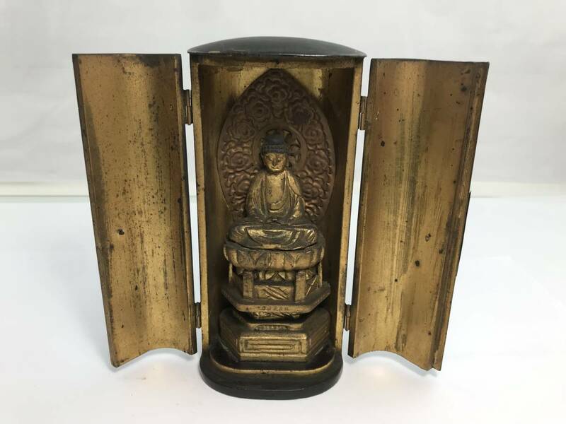 Y/　懐中仏　厨子　携帯仏　木製　仏像　置物　細密　彫刻　時代物　1218-08