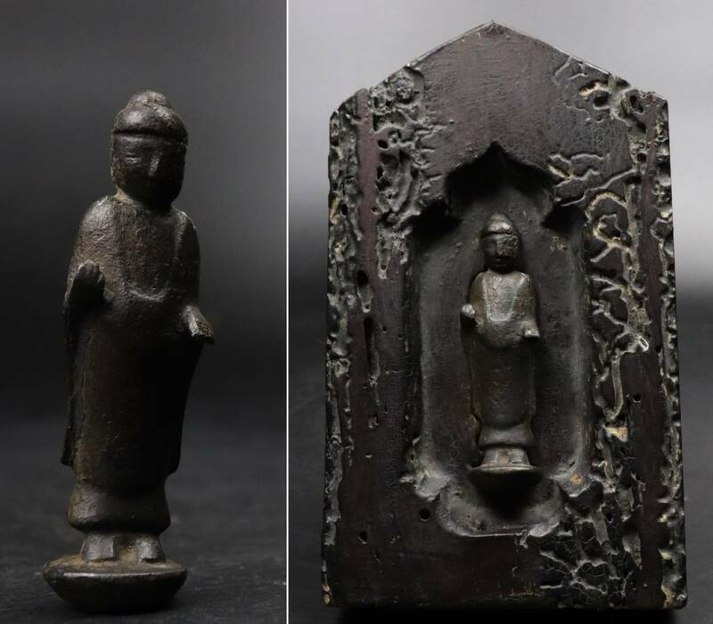 【T024】仏教美術 鎌倉時代 古銅阿弥陀仏 如来像 木台付 仏像 懸仏