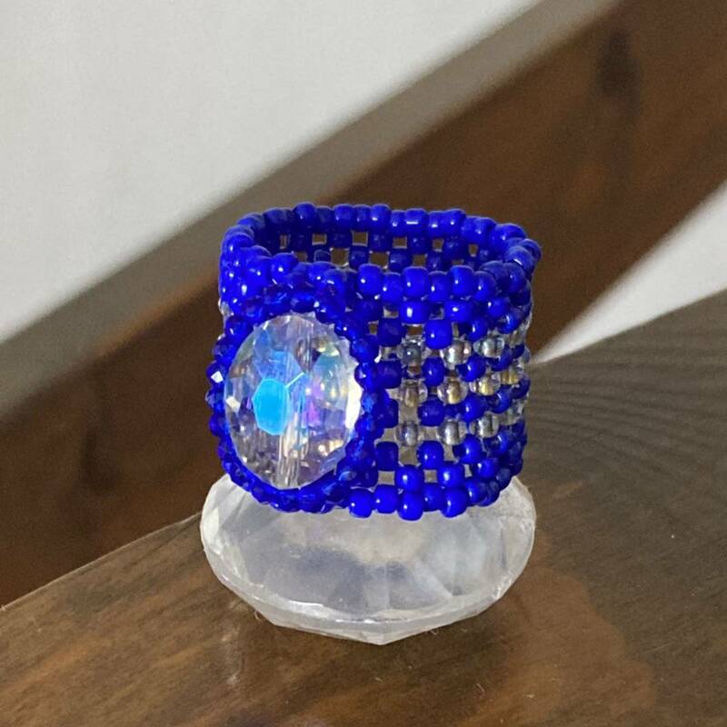 14－16号　ビーズ リング 指輪　ハンドメイド　楕円ガラスビーズのワイドリング　青系