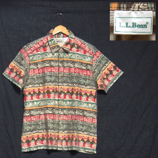 L.L.Bean ビーン デザイン アウトドアシャツ 半袖シャツ クライミングシャツ 総柄 M 美品