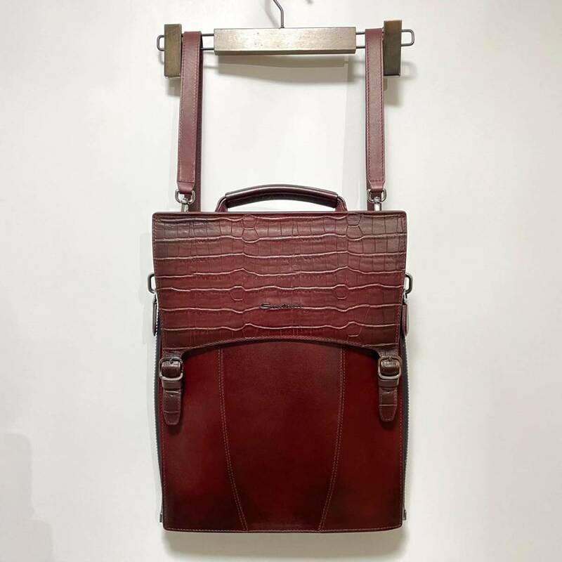 良品 SANTONI サントーニ レザーバックパック 薄マチ リュックサック かばん 鞄 メンズ シューズブランド クロコレザー切替 スリム