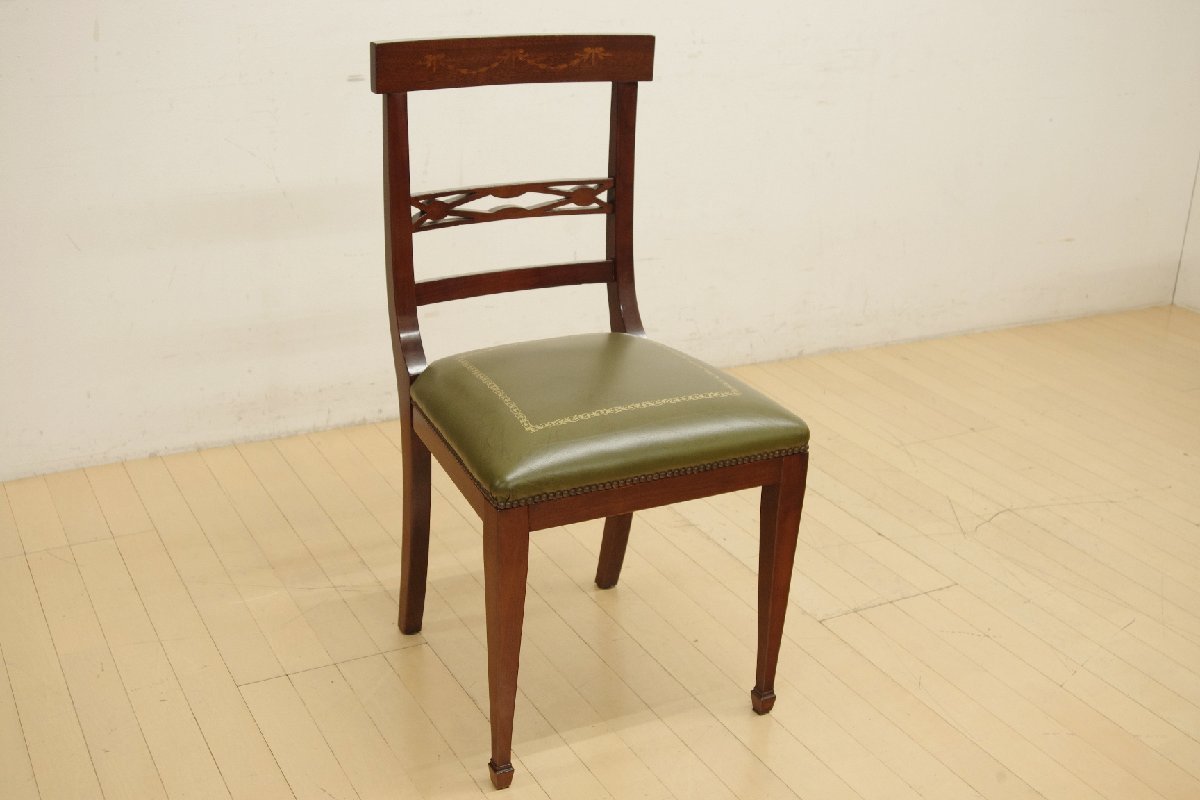 ヨーロピアン アンティーク調 ダイニングチェア 象嵌細工 食卓椅子 イス 本革 クラシカル マホガニー材 リビング クラシック