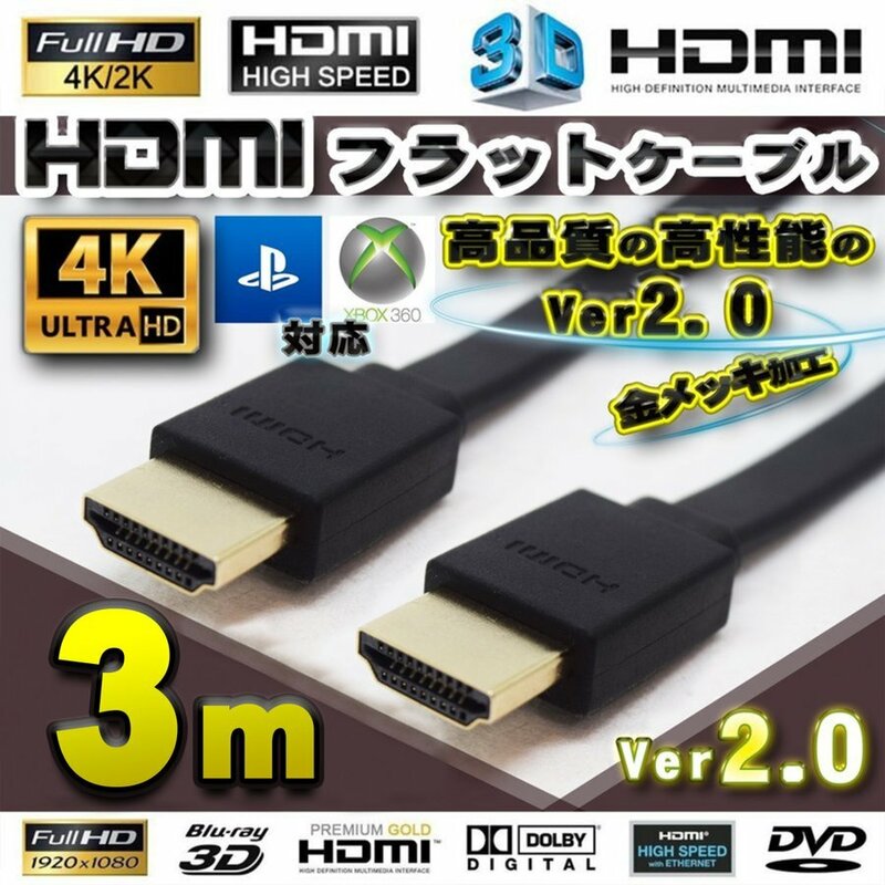 HDMI フラット ケーブル 300cm(3m) 4K 3D対応 Ver2.0 フルハイビジョン