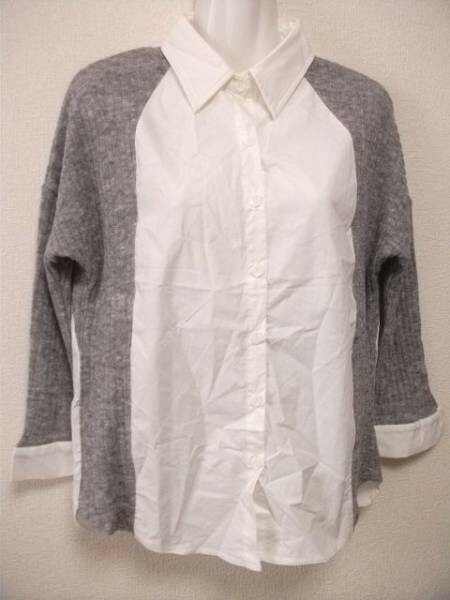 assk257☆長袖異素材シャツ　■シャツニット■　長袖シャツ　袖ニットシャツ　白×グレー　綿混