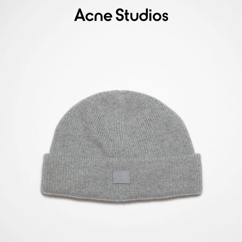 新品 Acne Studios アクネ ストゥディオズ フェイスパッチ リブ編み ビーニー ニットキャップ ニット帽 ユニセックス グレーメランジ