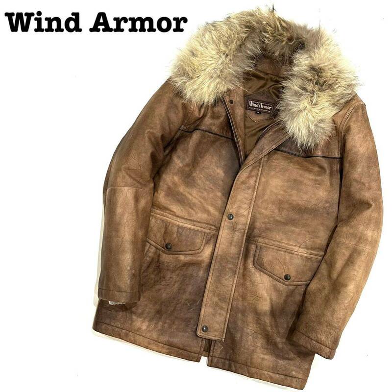 ニチワ WIND ARMOR 羊革 ラムレザー 襟毛皮 ファー ウエスト ドロー コート(M)ブラウン メンズ アウター