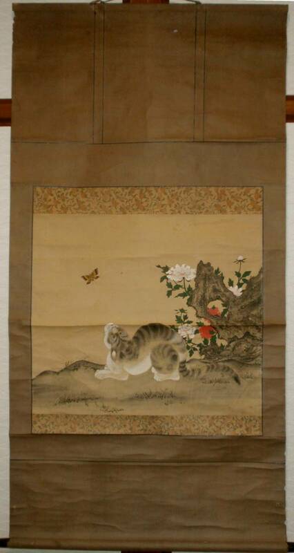 江戸時代　不明　猫に牡丹図　掛軸