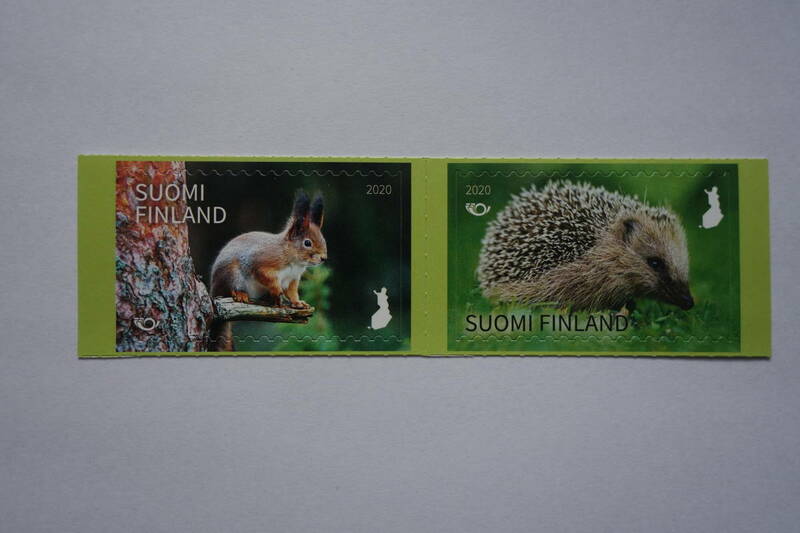 外国切手：フィンランド切手 「Norden2020（ノルデン）共通テーマ・哺乳類」（リスとハリネズミ）2種連刷 未使用
