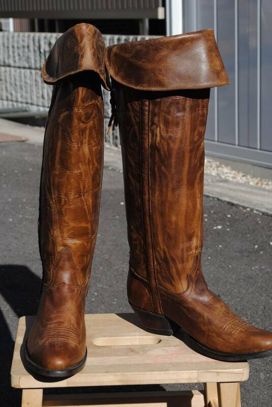 新品　廃版　ルケーシー　ウエスタンブーツ　ヨーロッパ軍用ブーツ型　上部折畳式　茶牛革　8B　筒高：43&45　伸長時51&53㎝