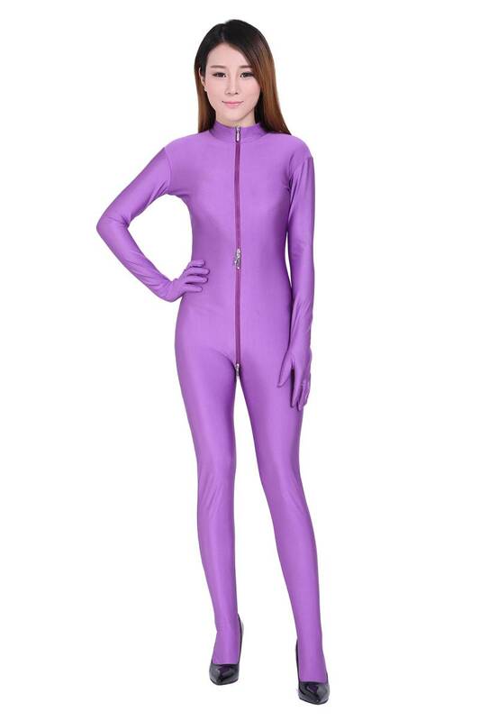 ツルツルニット　指先と足先まで覆った　キャットスーツ　紫色　男性着用可　（豊富な6サイズ）