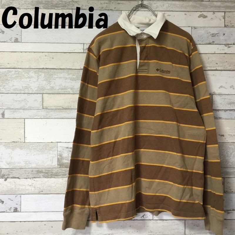 【人気】Columbia コロンビア 胸元ロゴ長袖ポロシャツ M ボーダー ブラウン系/5409