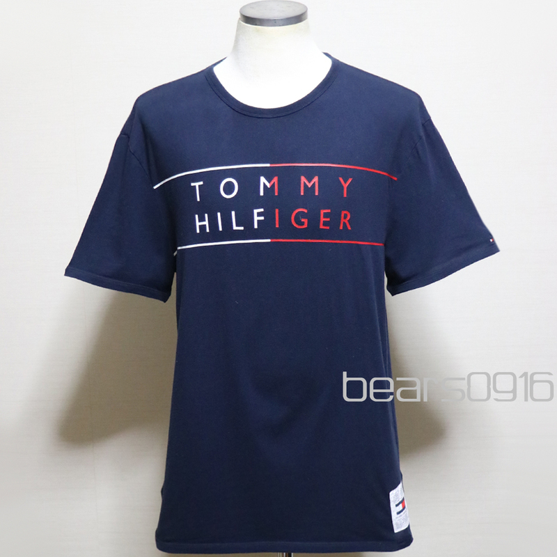 アメリカ購入 USED品 TOMMY HILFIGER トミー ヒルフィガー ラインロゴプリント Ｔシャツ 紺 L 