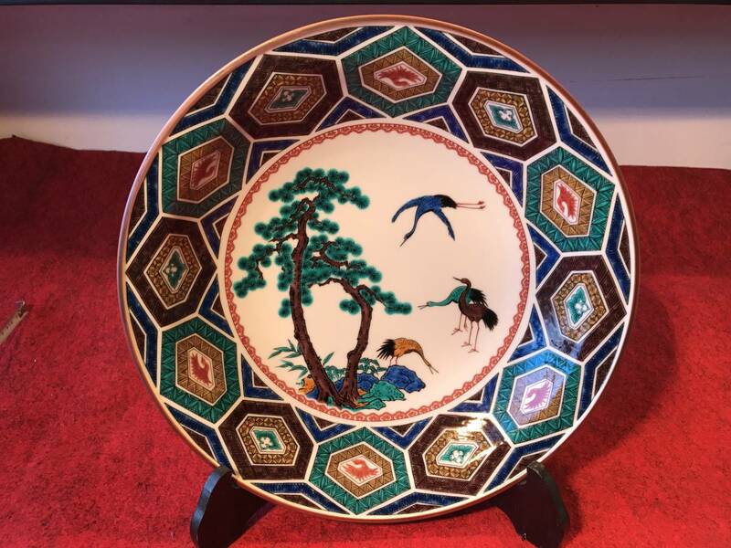 絵皿 31cm 松 鶴 骨董 陶器 飾皿 器 記念皿