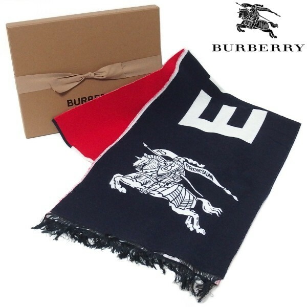 美品★BURBERRY LONDON ENGLAND Montage Wool Logo Scarf 黒×赤 ロゴ ウール シルク マフラー バーバリー★