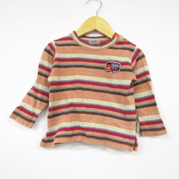 パプ 肩ボタン 長袖ボーダーTシャツ カットソー 男の子用 90サイズ 茶赤グレー ベビー 子供服 papp