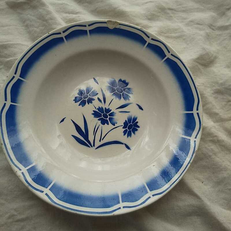 フランスアンティーク ブルー花柄深皿 縁どり柄 訳あり送料無料