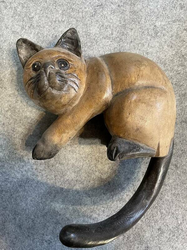 幸運 ラッキー 木彫 可愛い 木製 古い アンティーク レトロ 猫 木製 彫刻 ねこ ネコ オブジェ 置物 CAT
