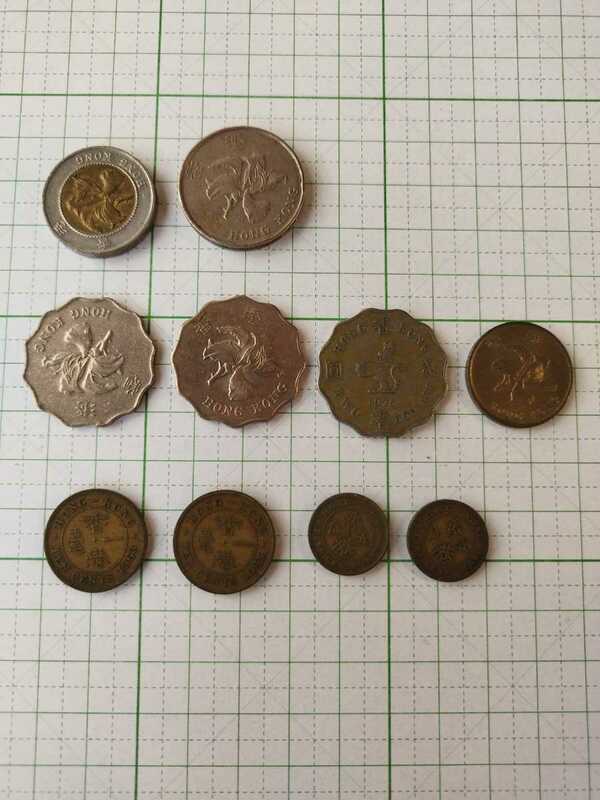 香港 硬貨　10ドル、5ドル、2ドル、50セント、10セント、5セント