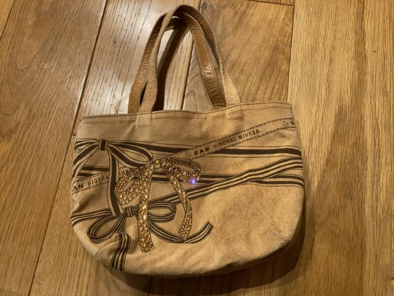 ヒデアキミハラ SAN HIDEAKI MIHARA × ビームス Ray BEAMS 限定 コラボ ★ 本革 スウェード バッグ ベージュ リボン ビジュー装飾