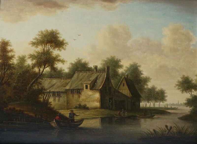 フランツ・ホッホエッカー 「川辺の風景」 板絵 額装品 / FRANZ HOCHECHER(1730-1782) OIL WOOD