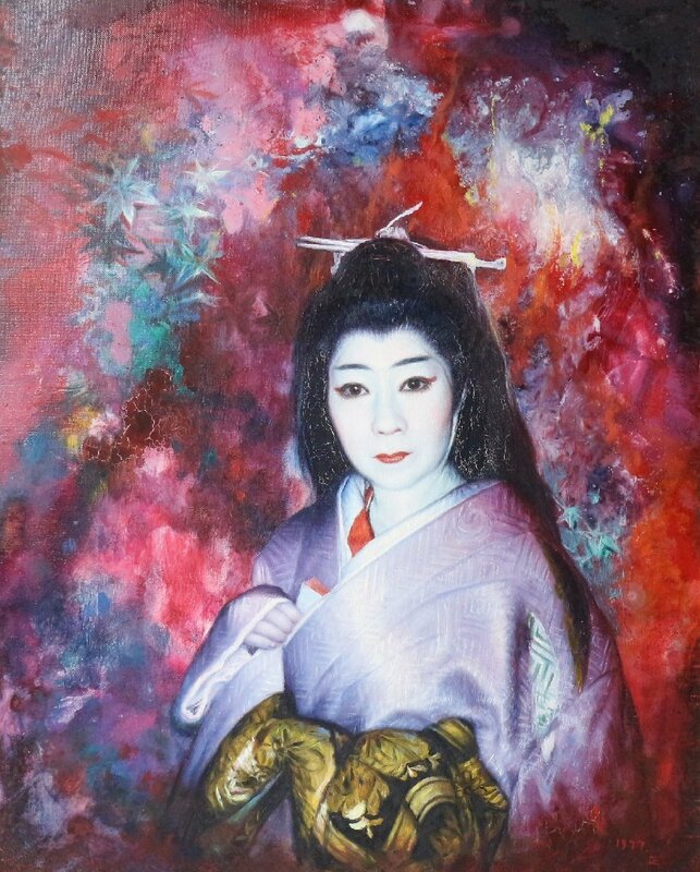 北川正 「和装の女性」 1977年作品 油彩画 大型額装品 / 人物画 美人画 肖像画 リアリズム