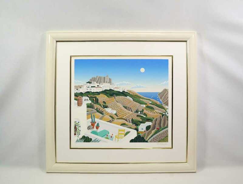 真作 トーマス・マックナイト シルクスクリーン「PATMOS Chora View」画 46×40.5cm 米国作家 ギリシャの小島 テラスから望むエーゲ海 6951