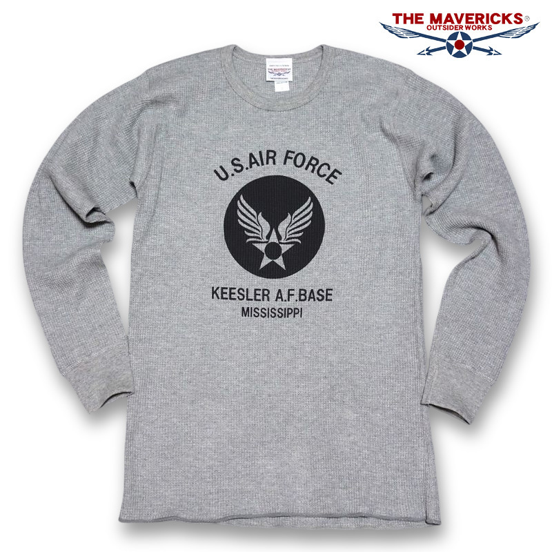 ミリタリー サーマル ワッフル 長袖 Tシャツ L メンズ ロンT USAF エアフォース MAVEVICKS ブランド 灰色 グレー