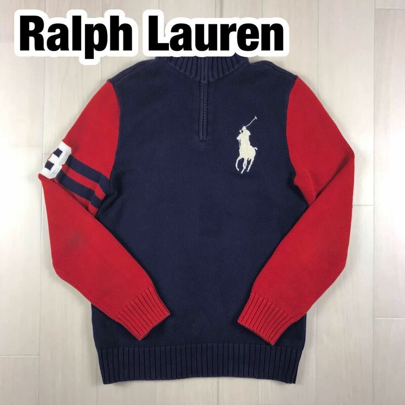 Ralph Lauren ラルフローレン ハーフジップ ニット セーター キッズサイズ L(14-16) ネイビー レッド ビッグポニー