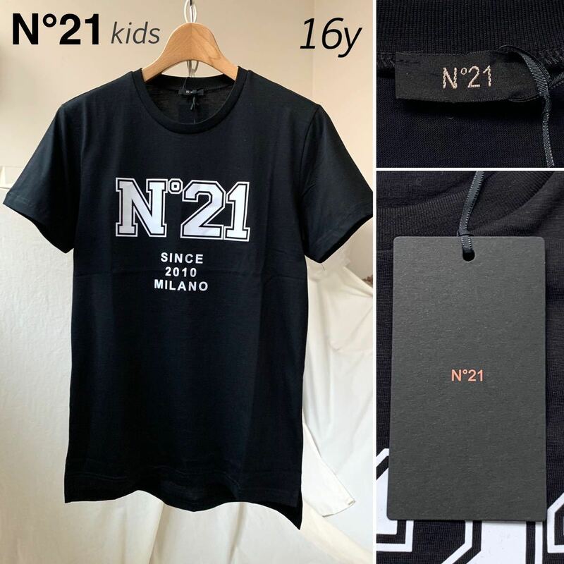 新品 2022AW N°21 ヌメロ ヴェントゥーノ キッズ ボーイズ ロゴ Tシャツ 16y 大人にも レディース N21 黒 ブラック