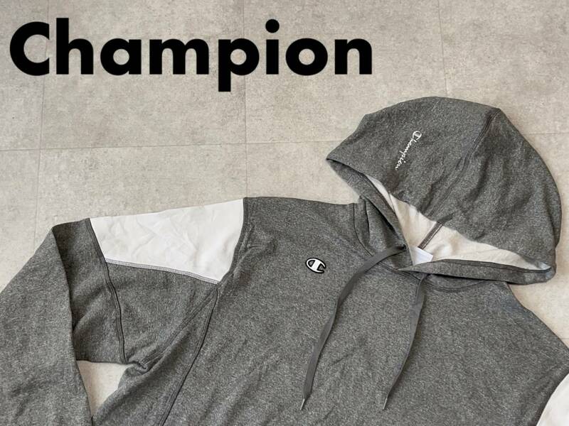 ☆送料無料☆ Champion チャンピオン USA直輸入 古着 プルオーバー ロゴ 裏起毛 パーカー メンズ L グレー トップス 中古 即決