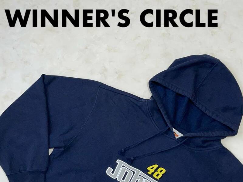 ☆送料無料☆ WINNER'S CIRCLE USA直輸入 古着 プルオーバー NASCAR ジミー・ジョンソン 裏起毛 パーカー メンズ L ネイビー 中古 トップス