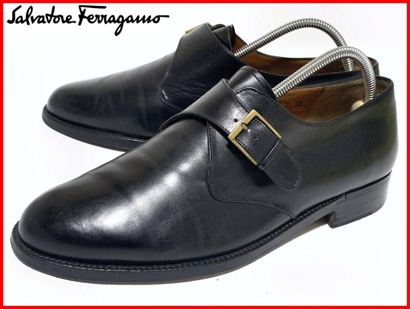 即決 Salvatore Ferragamo フェラガモ 7≒25.5cm モンクストラップ 黒 ブラック 本革 メンズ D