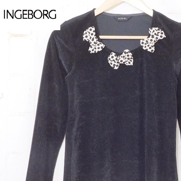 インゲボルグINGEBORG■ラウンドネック トップス 長袖 水玉リボン 光沢 ピンクハウスPINKHOUSE■ブラック　※KH2d01018