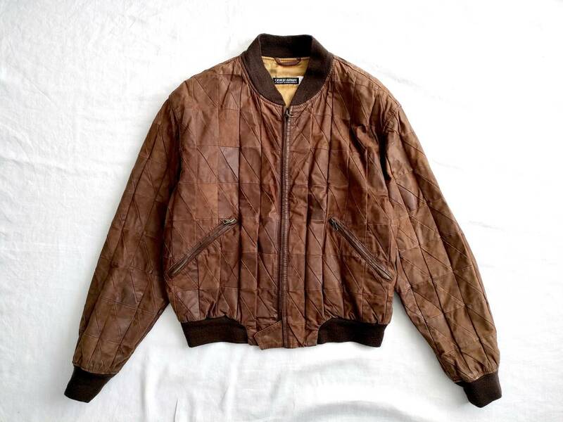 SPECIAL!! 80s90s Giorgio Armani Vintage ヌバック レザー 総パッチワーク 極上品 ブラウン ボンバージャケット イタリア製 Ma1 50 Euro