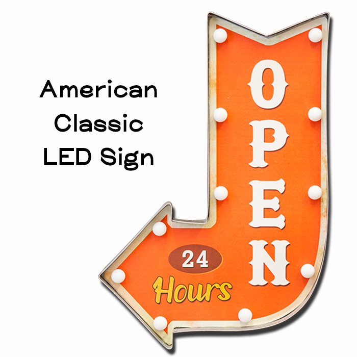 LED クラシックサイン (オープン 矢印) 24時間営業 ネオン OPEN アロー 看板 電球 壁掛け ウォール 西海岸風 インテリア アメリカン雑貨