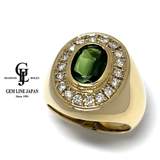GRJ鑑別書付 K18 グリーン サファイア 2.44ct ダイヤモンド 0.54ct メンズ リング