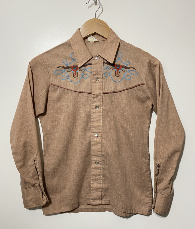 70's ビンテージ▽Montgomery WARD モンゴメリーワード ウエスタンシャツ 長袖シャツ 12 約140-150 茶色 ブラウン バッファロー プリント