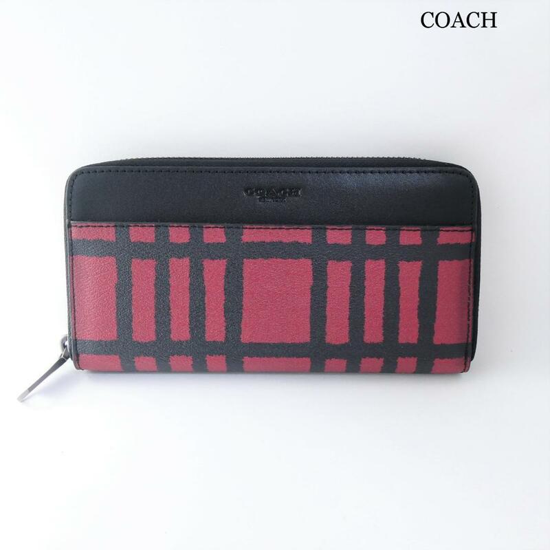 新品同様 COACH コーチ F22533 ワイルドプレイド ラウンドファスナー 長財布 ウォレット チェック柄 レッド×ブラック