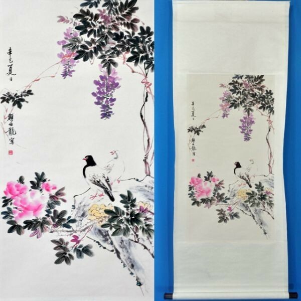 23783f 中国美術 顔伯龍(伯)「花鳥図」花鳥画 掛軸 紙本 彩色 工芸 満族 北京人