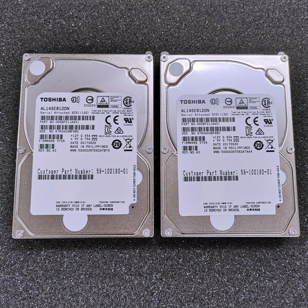 @XM338 秋葉原万世商会 Toshiba SAS 1.2TB 2個セット 2.5インチ 12Gbps AL14SEB120N HDD 10K RPM SAS SFF