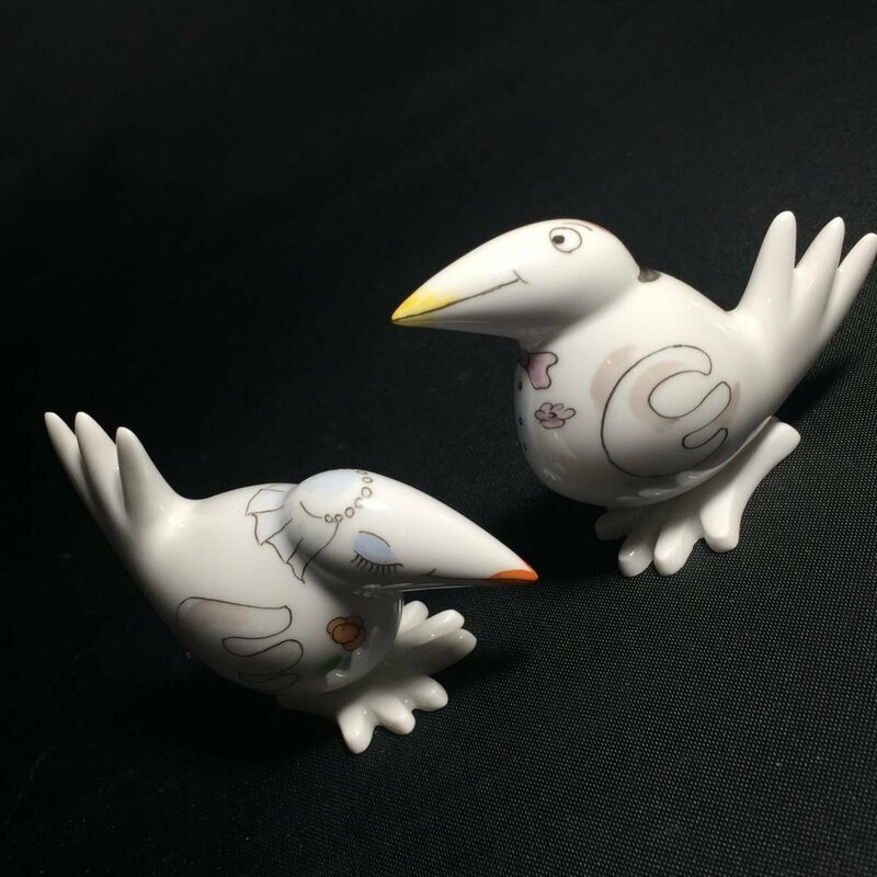 2831-60【 MEISSEN 】 マイセン コミックバード ウェディング 2体 セット 人形 鳥 フィギュリン 磁器 置物 インテリア 美品