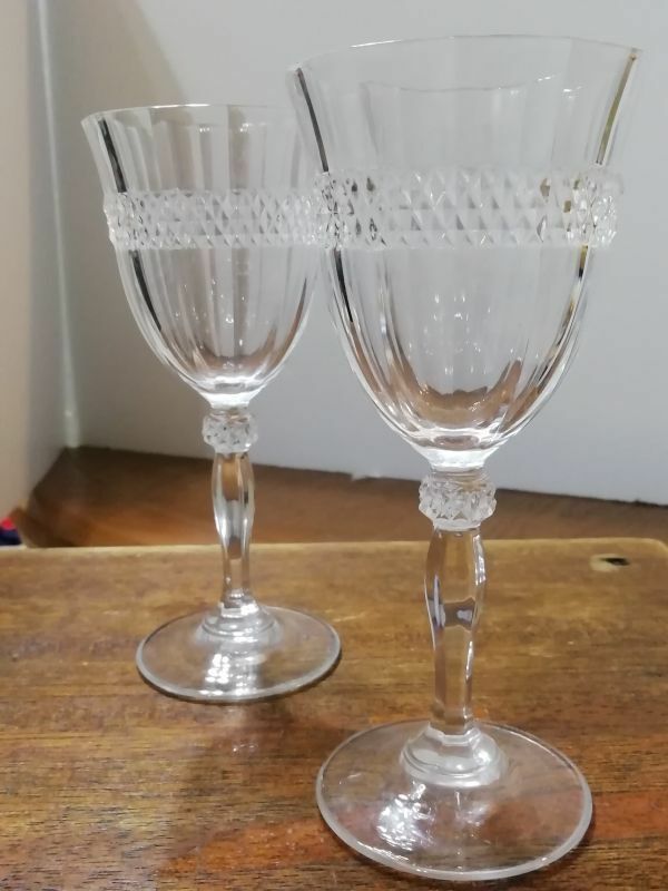 アンティーク ワイングラス 2客 シンプル ダイヤモンドカット クリスタル シャンパングラス ヴィンテージ antique wine glass 送料込み