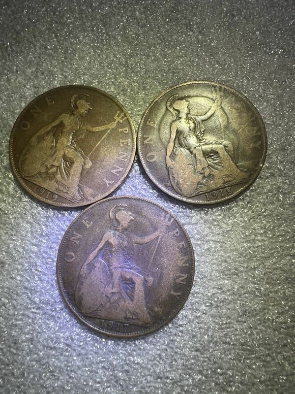古銭 ブロンズ ペニー イギリス 1917、1918、1919、3枚エドワードVII 英国コイン