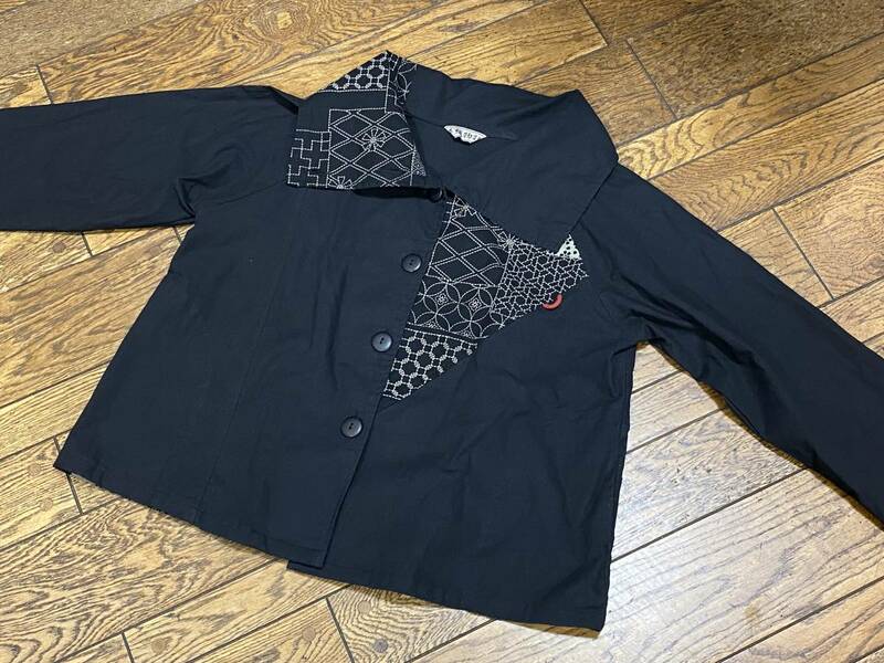 A2299 手織物語◆長袖 デザイン シャツ ブラウス レディース フリーサイズ ブラック　コットン100%