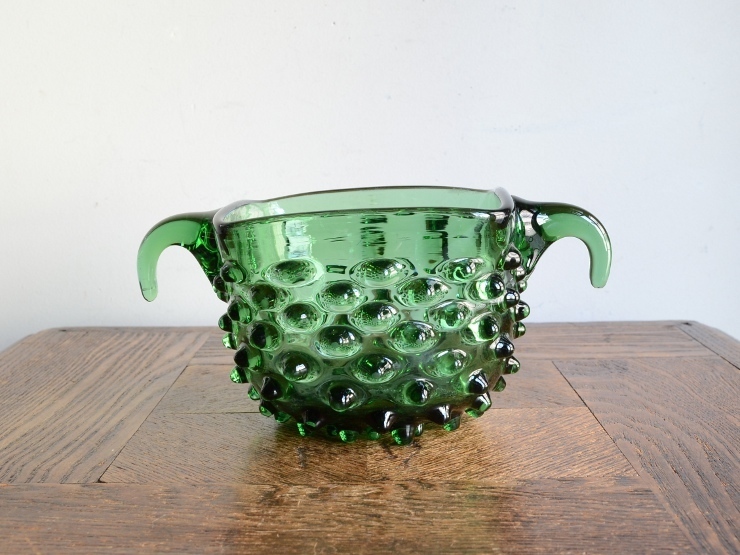 アンティーク花器 オブジェ ヴィンテージ デザイン グリーン ガラス器 フラワーベース 花瓶 小物入れ ポット