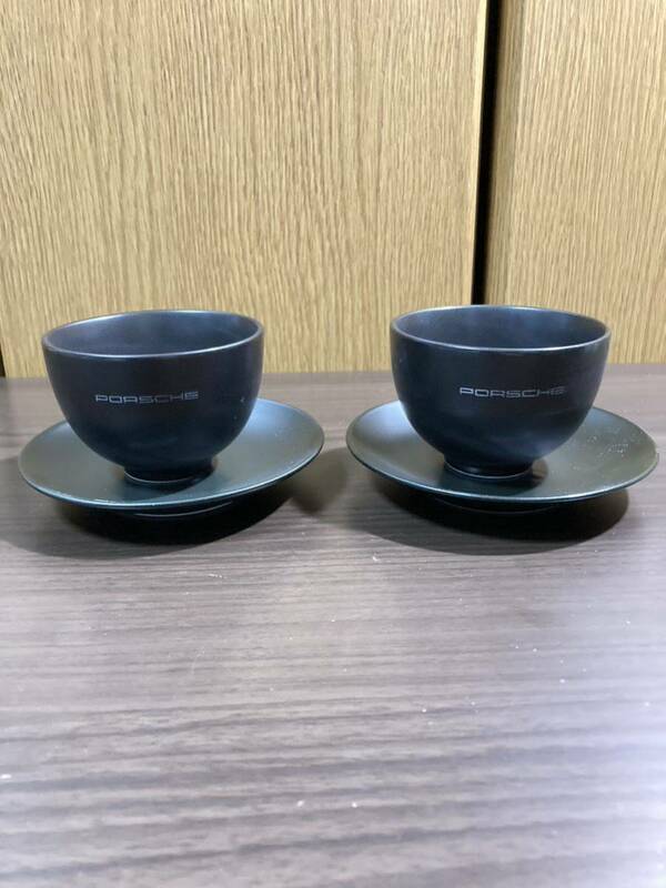 ▼ポルシェ ≪湯のみ&ソーサー　2客≫PORSCHE 湯呑み　茶托　小皿　陶器製