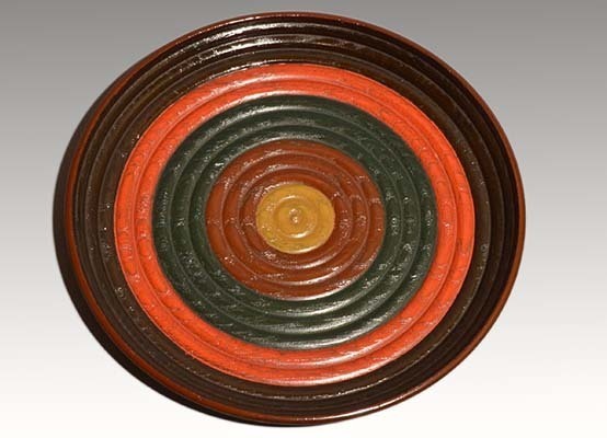 五色塗　独楽盆　八寸　干菓子盆　茶道具　木製漆器　木工芸　天然木　本漆塗　箱付き　　a1570